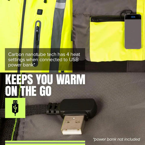 Hi Vis Heated Bomber Jacket For Men With Reflective Tape Waterproof Class 3 Winter Rain Gear USB charging port detail