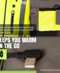 Hi Vis Heated Safety Bomber Jacket With Reflective Tape And Detachable Hood Waterproof Winter Rain Gear For Men Class 3 USB Powered Nano Heating With Four Settings Warms Up To Eighteen Hours Machine Washable Workwear Ready, showing interior USB connection and phone pocket.
