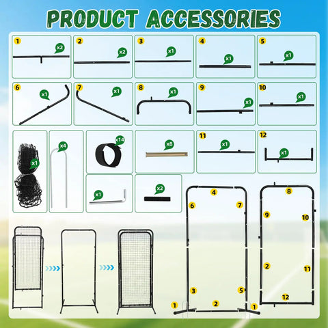 Heavy Duty Baseball Batting Cage Door With Freestanding Steel Frame For Easy Access For Baseball And Softball Cages Includes Installation Video And Simple Walk Through Entry product accessories layout.