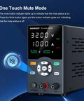Variable 30V 10A Bench Power Supply with USB, showing output display, buttons for voltage control, and one touch mute mode.