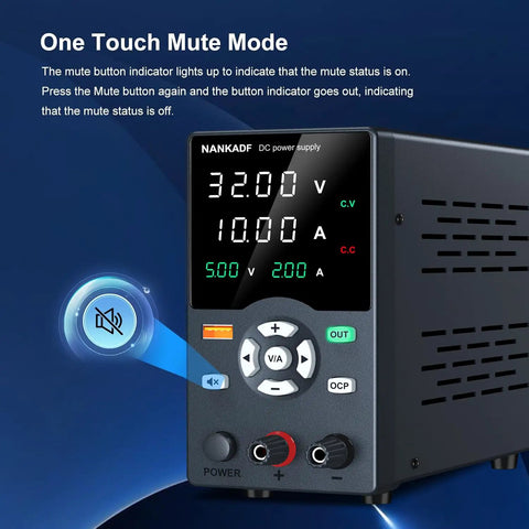 Variable 30V 10A Bench Power Supply with USB, showing output display, buttons for voltage control, and one touch mute mode.