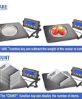 Heavy Duty Digital Postal Scale With 11.8 By 11.8 Inch Aluminum Anti Slip Platform, 440 Lb Capacity, showing tare and count functions