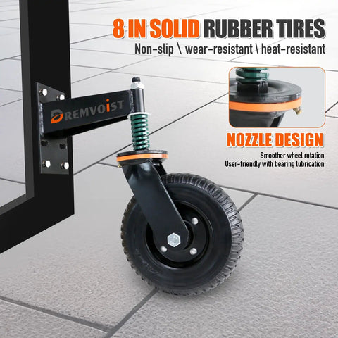 8 Inch Heavy Duty Gate Wheels For Fences And Metal Tube Gates Featuring Spring Loaded 360 Swivel Casters rated for 800 Pounds with solid rubber tires.