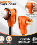 50 Amp RV Power Cord 15 Ft 14-50P To SS2-50R Heavy Duty Generator Extension Cable For Campground Hookups 6/3 And 8/1 Gauge STW Copper With PVC Jacket Weather Resistant, orange plug close-up