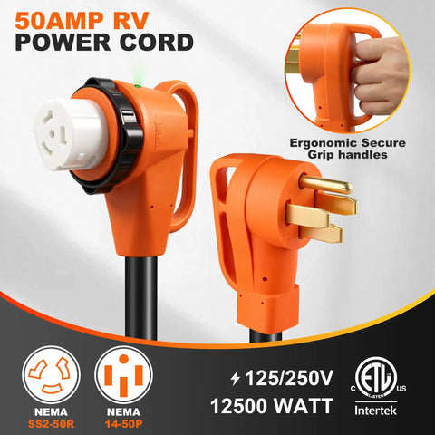 50 Amp RV Power Cord 15 Ft 14-50P To SS2-50R Heavy Duty Generator Extension Cable For Campground Hookups 6/3 And 8/1 Gauge STW Copper With PVC Jacket Weather Resistant, orange plug close-up