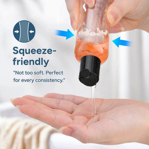 Close-up of TSA Approved Travel Bottles 3.4 Oz On The Go Friendly 5 Pack Leak Proof Squeezable Containers dispensing gel in hand.