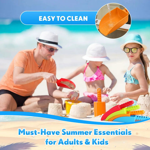 Family playing with 15 Pack 8 Inch Colorful Beach Sand Shovels For Kids Bulk Set by sandcastles on the beach.