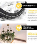 12 Inch Heavy Duty Zip Ties securing bike tire and hanging chandelier with decorations, 120lb tensile strength for all weather use
