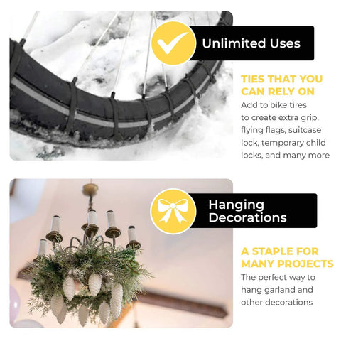 12 Inch Heavy Duty Zip Ties securing bike tire and hanging chandelier with decorations, 120lb tensile strength for all weather use