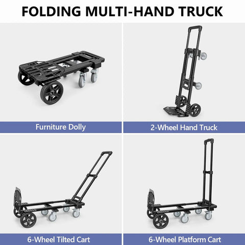Four configurations of 3 In 1 Convertible Dolly Cart With Wheels, Brakes, 600 Lb Heavy Duty Hand Truck Dolly with adjustable design