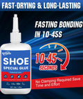 Two Pack 30g Shoe Glue Quick Dry Adhesive For Sneakers Boots Heels Hiking Shoes Leather And Handbags Waterproof Flexible All In One Repair For Soles And Uppers Made To Last Tough As Nails bottle label, fast drying, 10-45 seconds bonding