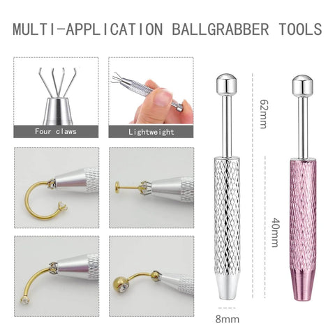No Fuss Easy Change Piercing Taper Ball Grabber Tool Set showing four claw grabber and lightweight design for 12G-20G jewelry.