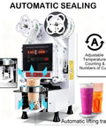 Hella Efficient Full Auto Cup Sealer Machine With Smooth Operator Boba And Coffee Sealing Tech featuring digital controls and lifting tray.