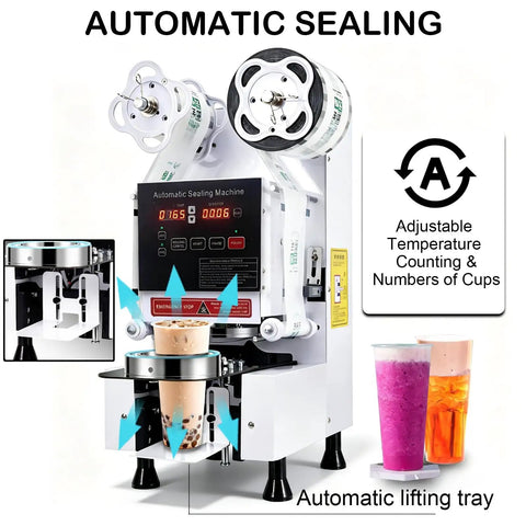 Hella Efficient Full Auto Cup Sealer Machine With Smooth Operator Boba And Coffee Sealing Tech featuring digital controls and lifting tray.