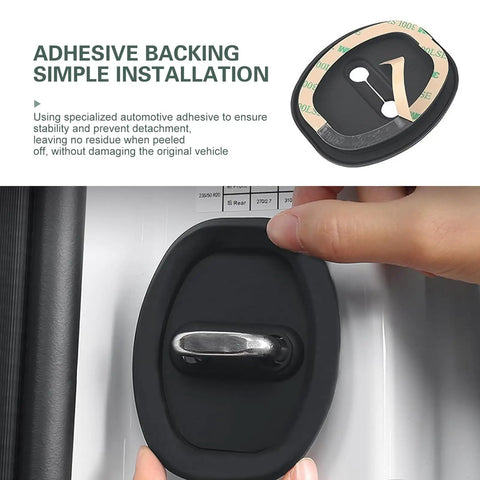 Extra Thick Silicone Car Door Latch Covers 4 Pack Self Stick Shock Absorbing Pad showing adhesive backing for easy installation.