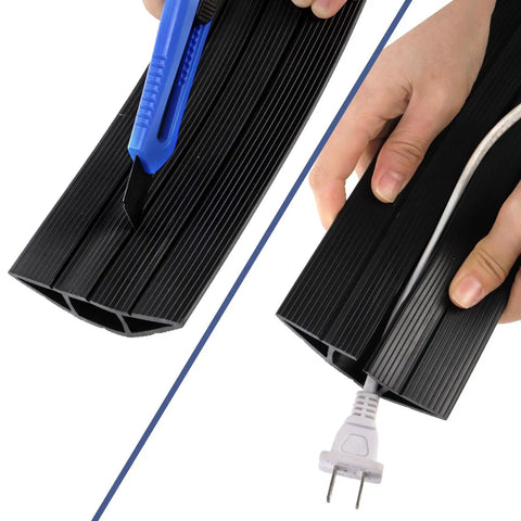 Black 10 Foot Floor Cord Cover With Large Cable Channels being cut and installed with cable inside.