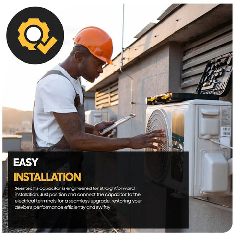 Technician installs Universal Fit 53 64 uF Motor Start Capacitor 220 250V AC 50 60 Hz Round CD60 on outdoor unit.