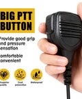 Close-up of hand holding Workhorse Walkie Talkie Speaker Microphone With 3.5mm Audio Jack For Hytera Radios. Big PTT button visible.