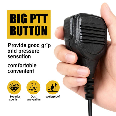 Close-up of hand holding Workhorse Walkie Talkie Speaker Microphone With 3.5mm Audio Jack For Hytera Radios. Big PTT button visible.