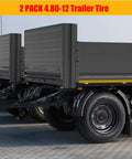 Side view of trailers with a pair of 4.80-12 trailer tires on 12x4 rims, 5 lug on 4.5 inch bolt pattern, load range C 6PR tires installed.
