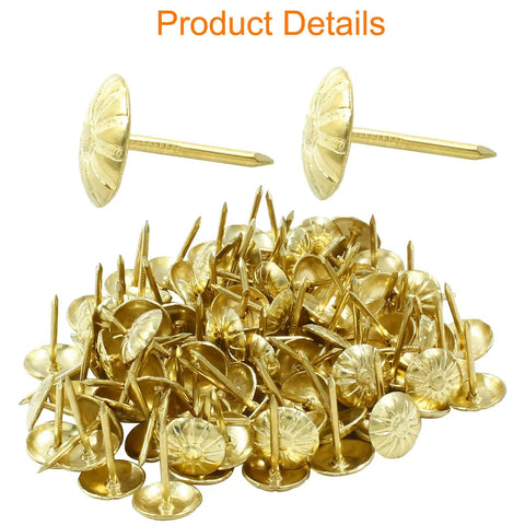 Badass Upholstery Decorative Tacks Delivering Slick Gold Brass Shine Heavy Duty Daisy Nail Hardware For Furniture Crafting And Quick Room Upgrade Chores 100 Piece Bulk with gold floral head tacks in a pile.