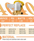4040 Humidifier Water Solenoid Valve Replacement For Aprilaire Series 400-700, brass body, 24 volts, specs and dimensions displayed.