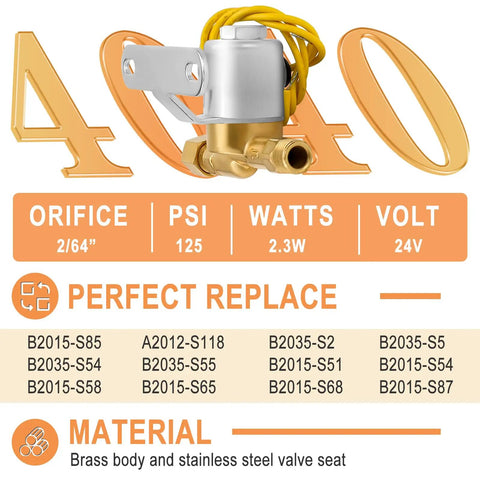 4040 Humidifier Water Solenoid Valve Replacement For Aprilaire Series 400-700, brass body, 24 volts, specs and dimensions displayed.