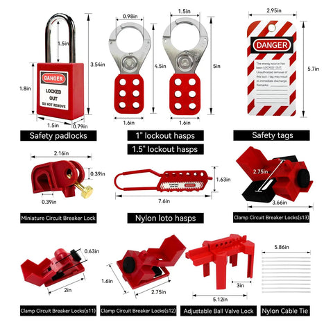 All In One Lockout Tagout Cabinet Kit With 138 Piece LOTO Set For Industrial Safety Includes Padlocks Hasps Tags Circuit Breaker Locks Cable Locks Plugs And A Heavy Duty Storage Station components displayed.