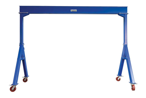 Heavy Duty Welded Steel Fixed Gantry Crane With 10000 Lb Capacity And Smooth Rolling Locking Casters Built Tough For Rock Solid Shop Setup No Frills Blue Pro Version side view with locking casters.