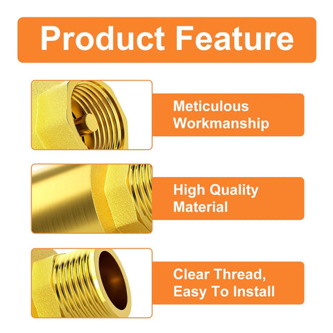 Brass check valve with 3/4 inch BSP threads; male and female ends, close-up thread detail.