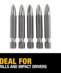Heavy Duty Number 2 Phillips Power Bits Set, 2 Inch, 5 Pack, featuring shock-resistant steel, ideal for drills and impact drivers.