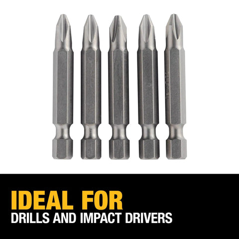Heavy Duty Number 2 Phillips Power Bits Set, 2 Inch, 5 Pack, featuring shock-resistant steel, ideal for drills and impact drivers.
