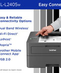 Compact Wireless Monochrome Laser Printer With Mobile Printing And Alexa Compatibility For WFH Home Offices Black And White Output Up To 30 Pages Per Minute Includes Refresh Subscription Trial with focus on connectivity options and a person's hand.