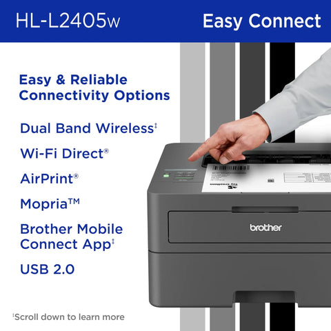 Compact Wireless Monochrome Laser Printer With Mobile Printing And Alexa Compatibility For WFH Home Offices Black And White Output Up To 30 Pages Per Minute Includes Refresh Subscription Trial with focus on connectivity options and a person's hand.