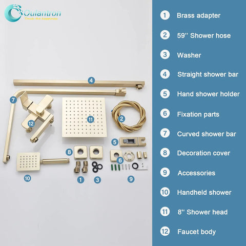 Dope Brushed Gold Shower System With Handheld Spray parts including brass valve, 8" top spray, and shower hose visible on surface