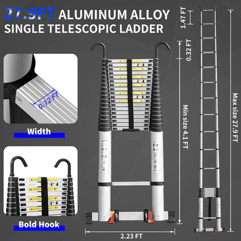 Telescoping Ladder 27.9 Ft With Adjustable Sections And Removable Hooks For Roof Access Attic Work Exterior Maintenance And Warehouse Tasks Heavy Duty Aluminum Construction For Versatile Indoor Outdoor Use, folded and extended