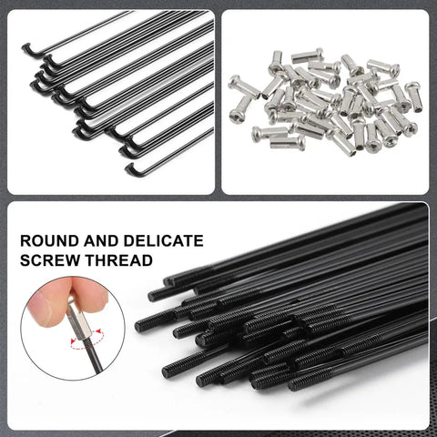 36Pcs 14G Bicycle Spokes Kit 2mm Diameter 260mm Length for 26 Inch Rims with Caps, black steel spokes and threaded screws close-up