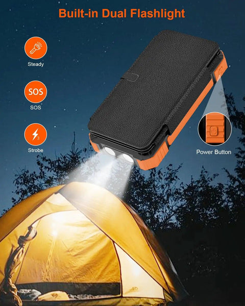 Massive 49800mAh Solar Power Bank With Four Built In Cables And Four Foldable Panels PD 22W Fast Charge USB C Input And Output Flashlight illuminating a tent