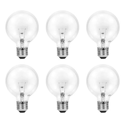 Six Incandescent G25 Decor Globe Light Bulb 40W Dimmable E26 Medium Base Clear Warm White 2850K 6 Pack in a grid layout