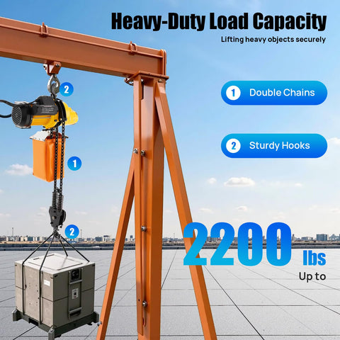 Heavy Duty Electric Chain Hoist With 2200 Lb Capacity And 10 Foot Lifting Height featuring double steel chain rig and sturdy hooks in use.