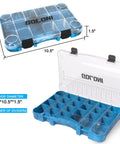 Clear Plastic Fishing Tackle Box Organizer Set Four Pack With Removable Dividers And 3600 Tackle Trays, dimensions shown