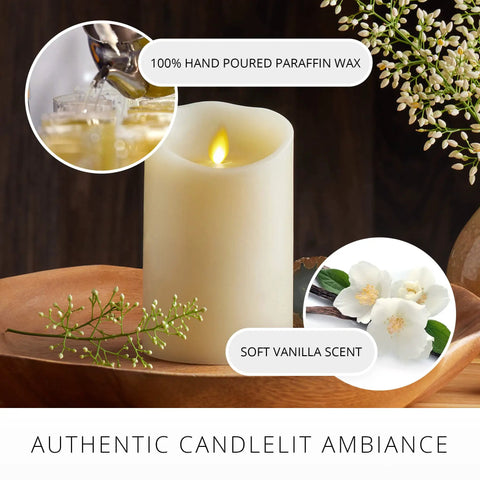 Scalloped Edge Flameless LED Candle Ivory 3.5 Inch Diameter 9 Inch Tall Real Wax Pillar With Moving Flame And Auto Timer Battery Operated Vanilla Honey Scented Cozy Glow displayed on a wooden tray with flowers, showing hand-poured paraffin wax and vanilla scent details.