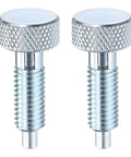 Built Tough M8x1.25 Spring Plunger With Knurled Grip Handle And 4mm Detent Pin Chrome Plated Rust Resistant Carbon Steel Two Pack on white background.