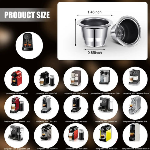 Stainless Steel Reusable Espresso Capsules Set For Nespresso Machines, Refillable Coffee Pods with size and compatibility chart.