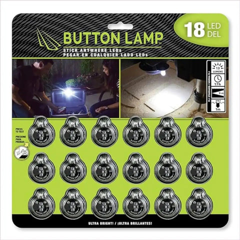 Package front of 18-pack 20 Lumens Each Ultra Bright Button LED Lamps With Adhesive, showing arrangement and usage examples.