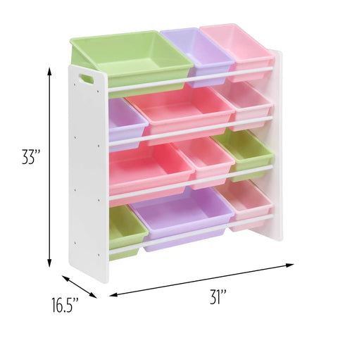 Kids Toy Storage Organizer With Bins In Pastel Colors, Wall Mounted Design With 12 Bins Across Four Tiers, BPA Free