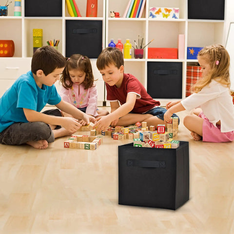 Children playing near Durable Fabric 11 Inch Cube Storage Bins 8 Pack With Handles Foldable Cubby Organizer Black in room