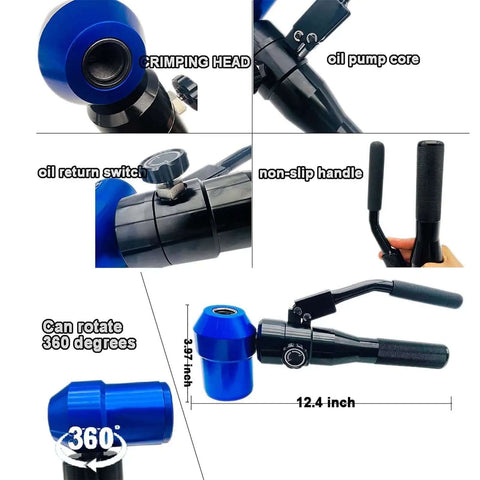 Pro Grade Portable Knockout Punch Kit With 6 Dies, 360 Degree Rotating Conduit Cutter showing dimensions and features
