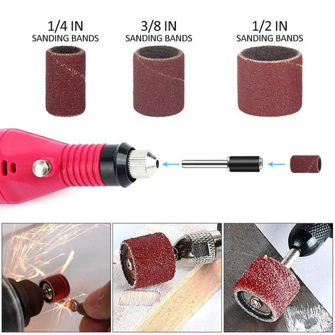 Superb 307 Piece Sanding Drum Kit With 80 To 240 Grit Abrasive Sleeves For Electric Mini Grinders, featuring sanding bands and mandrel.