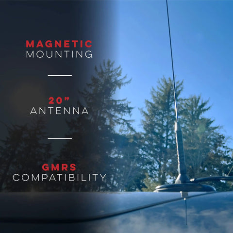 UT-72G 19 Inch Magnetic Mount GMRS Antenna Kit on vehicle rooftop showing antenna and magnetic base against blue sky